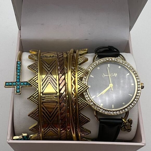 Jessica Carlyle Gold-Tone Black Strap Analog Watch & Bracelets New - Picture 3 of 6